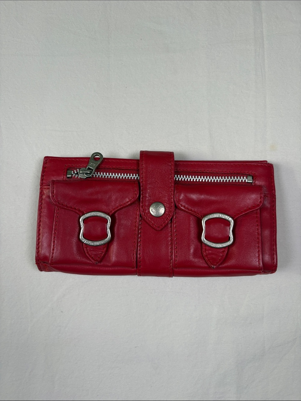 Armani Exchange Red Leather Snap Wallet with Front Buckle Accents